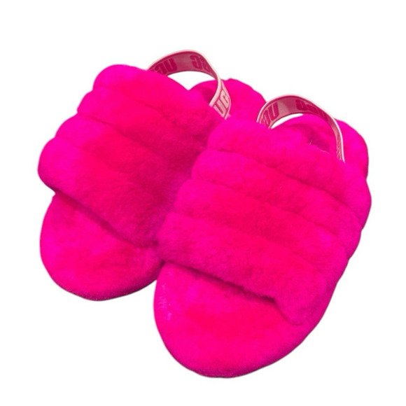 Ugg Fluff Yeah Slide Slipper Sandal Fuzzy Hot Pink Neon Sling Back SZ 1 - Picture 1 of 8